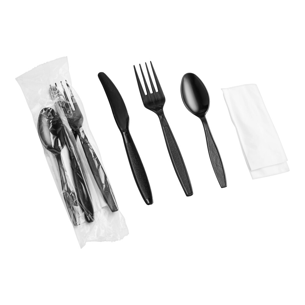 Choice Black Extra Heavy Weight Wrapped Polystyrene Plastic Cutlery Pack with Napkin - 500/Case