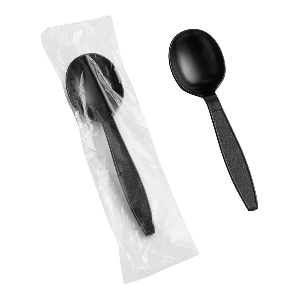 Choice Black Extra Heavy Weight Wrapped Polystyrene Plastic Soup Spoon - 1,000/Case