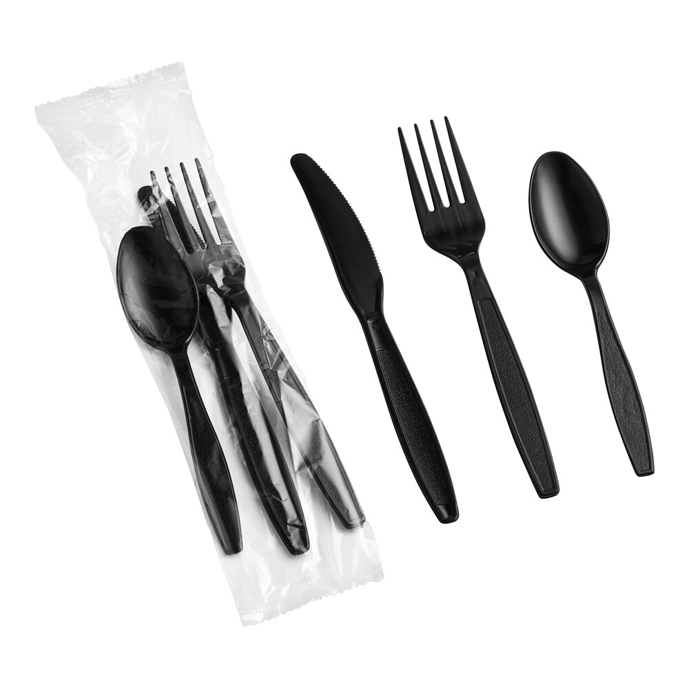 Choice Black Extra Heavy Weight Wrapped Polystyrene Plastic Cutlery Pack - 500/Case