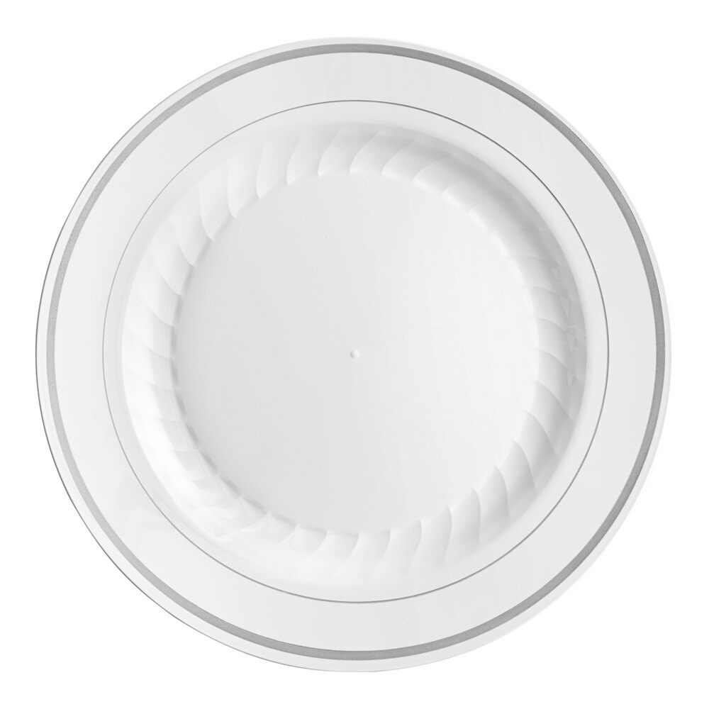 WNA Comet MP9WSLVR 9" White Masterpiece Plastic Plate with Silver Accent Bands - 120/Case