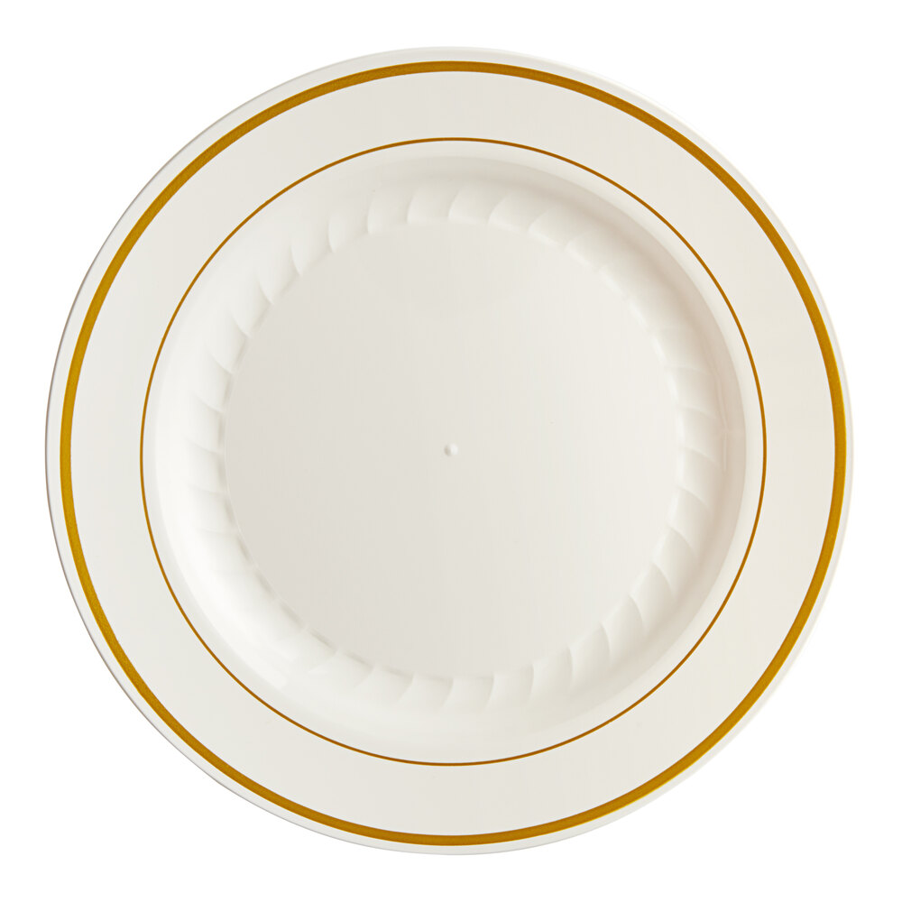 WNA Comet MP75IPREM 7 1/2" Ivory Masterpiece Plastic Plate with Gold Accent Bands - 15/Pack