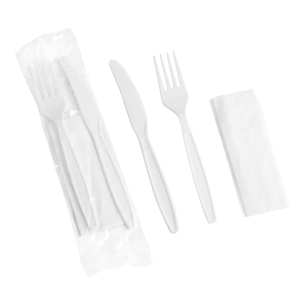 Choice White Heavy Weight Wrapped Polystyrene Plastic Fork and Knife Cutlery Pack with Napkin - 250/Case