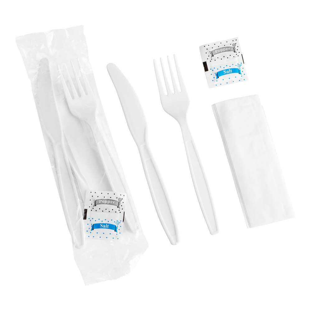 Choice White Heavy Weight Wrapped Polystyrene Plastic Fork and Knife Cutlery Pack with Napkin and Salt and Pepper Packets - 250/Case