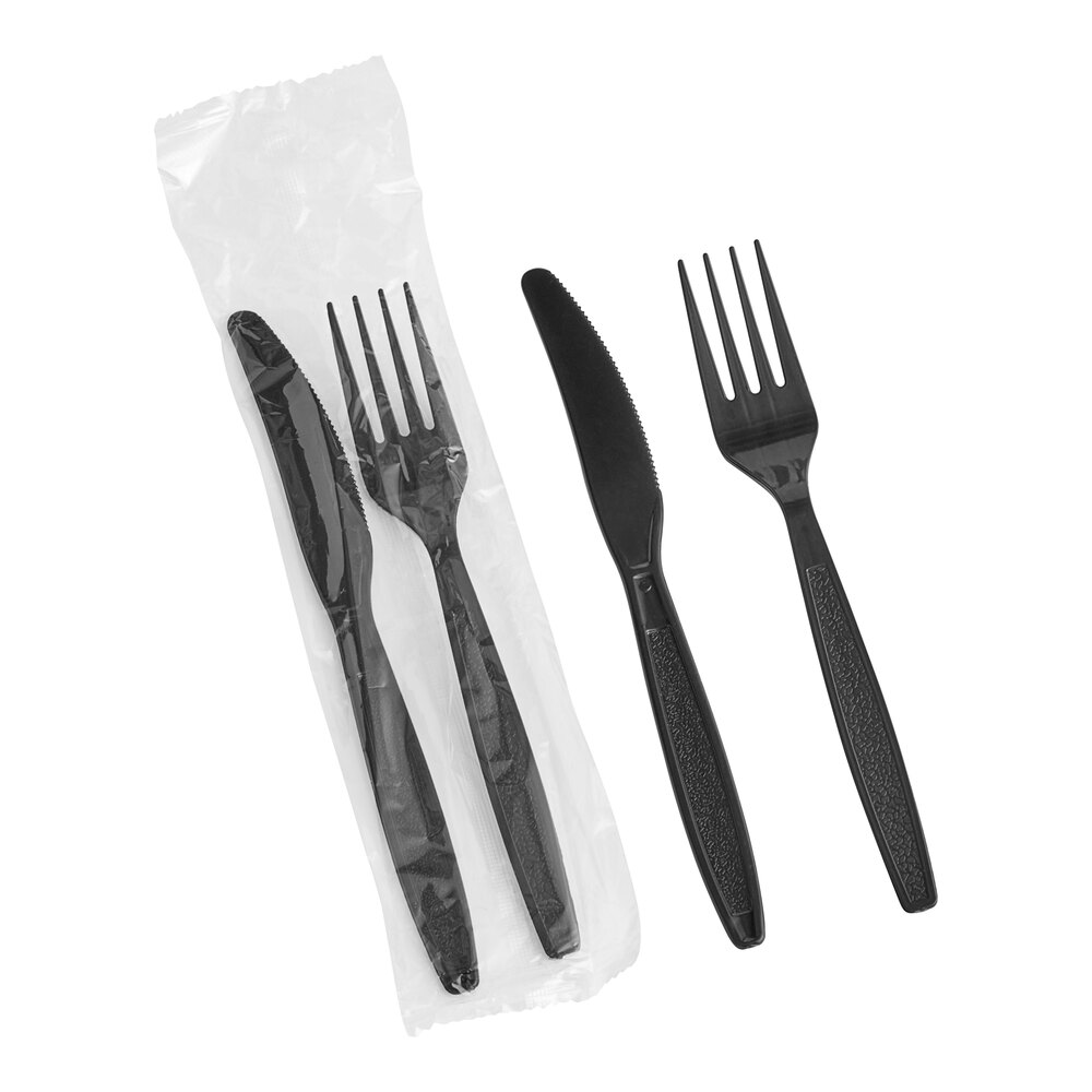 Choice Black Heavy Weight Wrapped Polystyrene Plastic Cutlery Pack with Fork and Knife - 250/Case