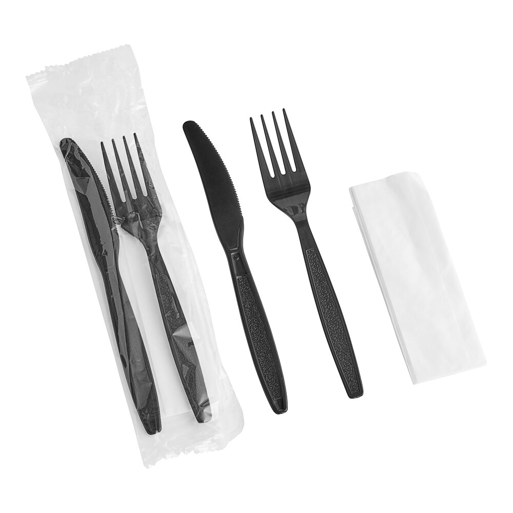 Choice Black Heavy Weight Wrapped Polystyrene Plastic Fork and Knife Cutlery Pack with Napkin - 250/Case