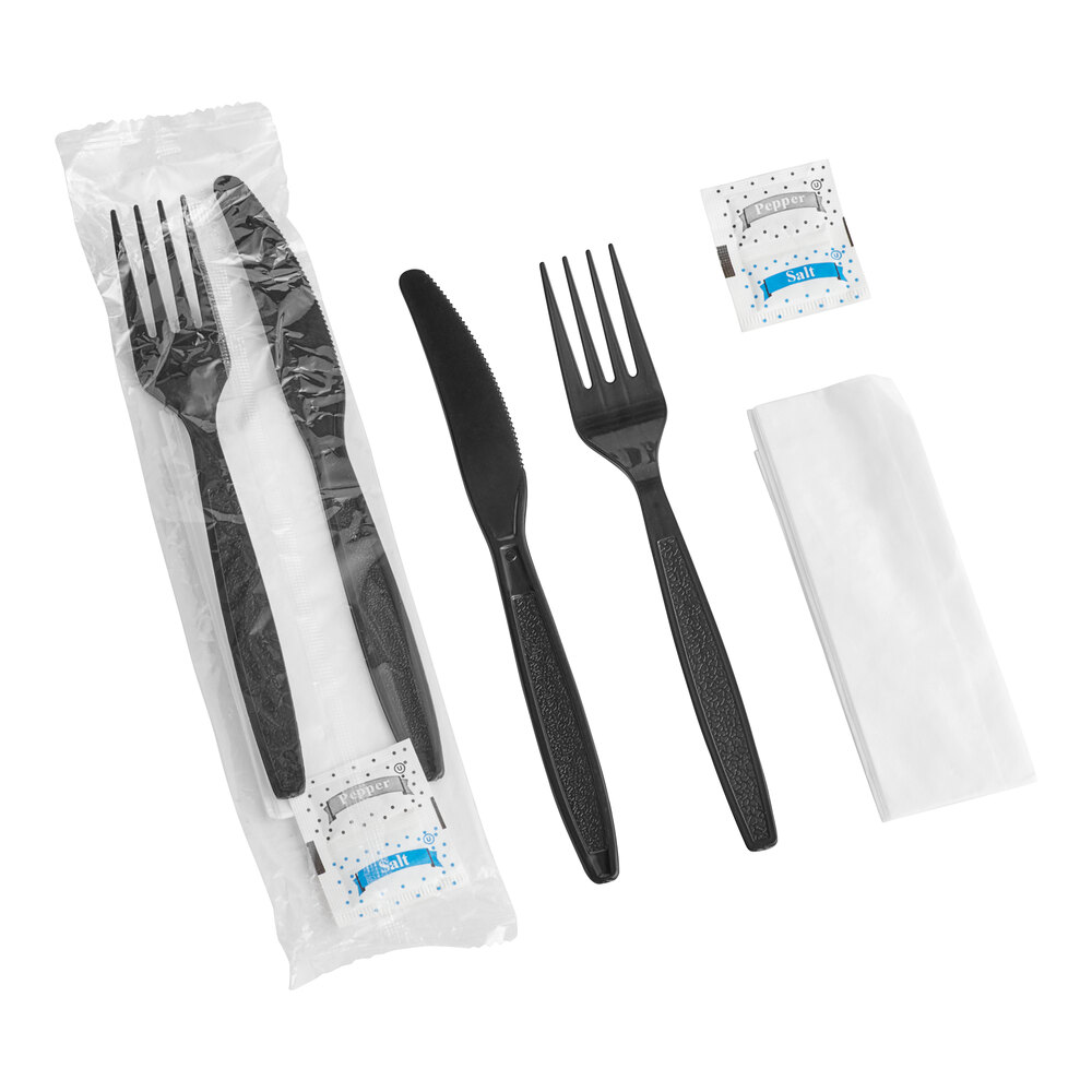 Choice Black Heavy Weight Wrapped Polystyrene Plastic Fork and Knife Cutlery Pack with Napkin and Salt and Pepper Packets - 250/Case