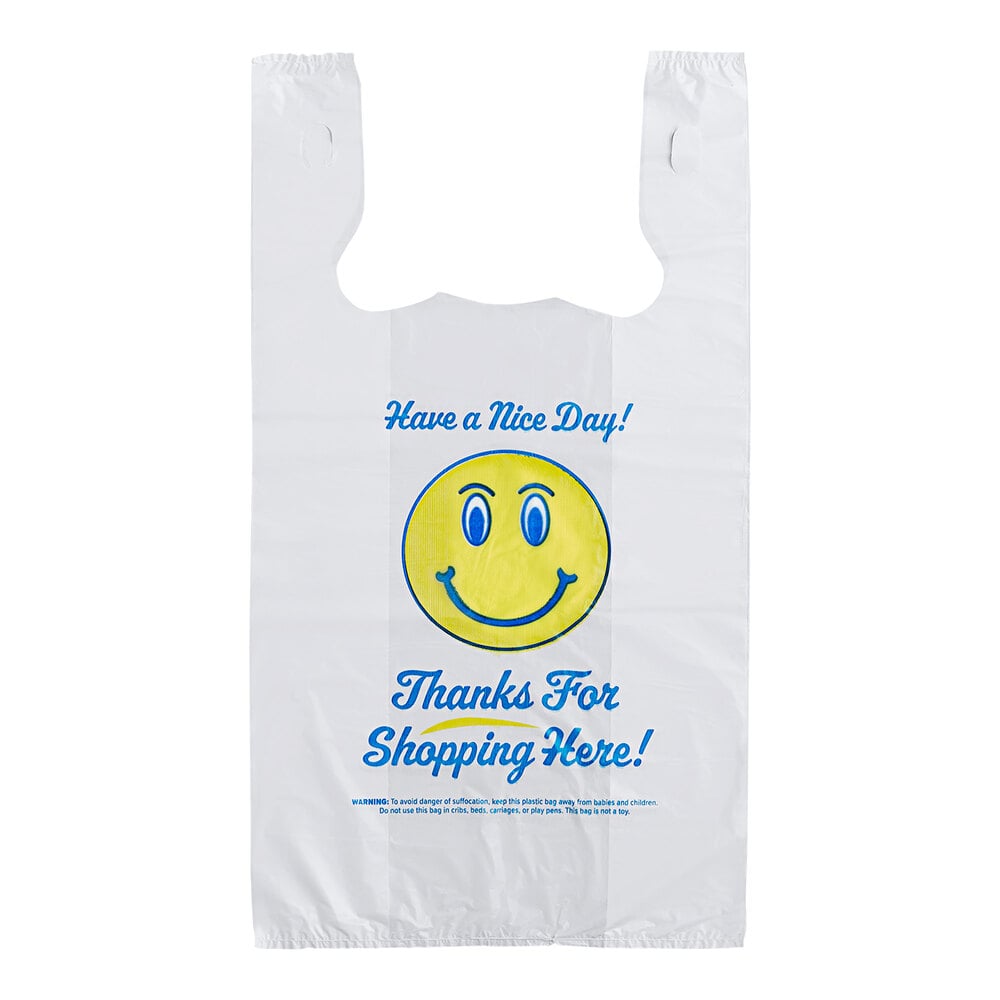Choice 1/6 Standard Size White "Happy Face" Heavy-Duty Plastic T-Shirt Bag - 500/Case