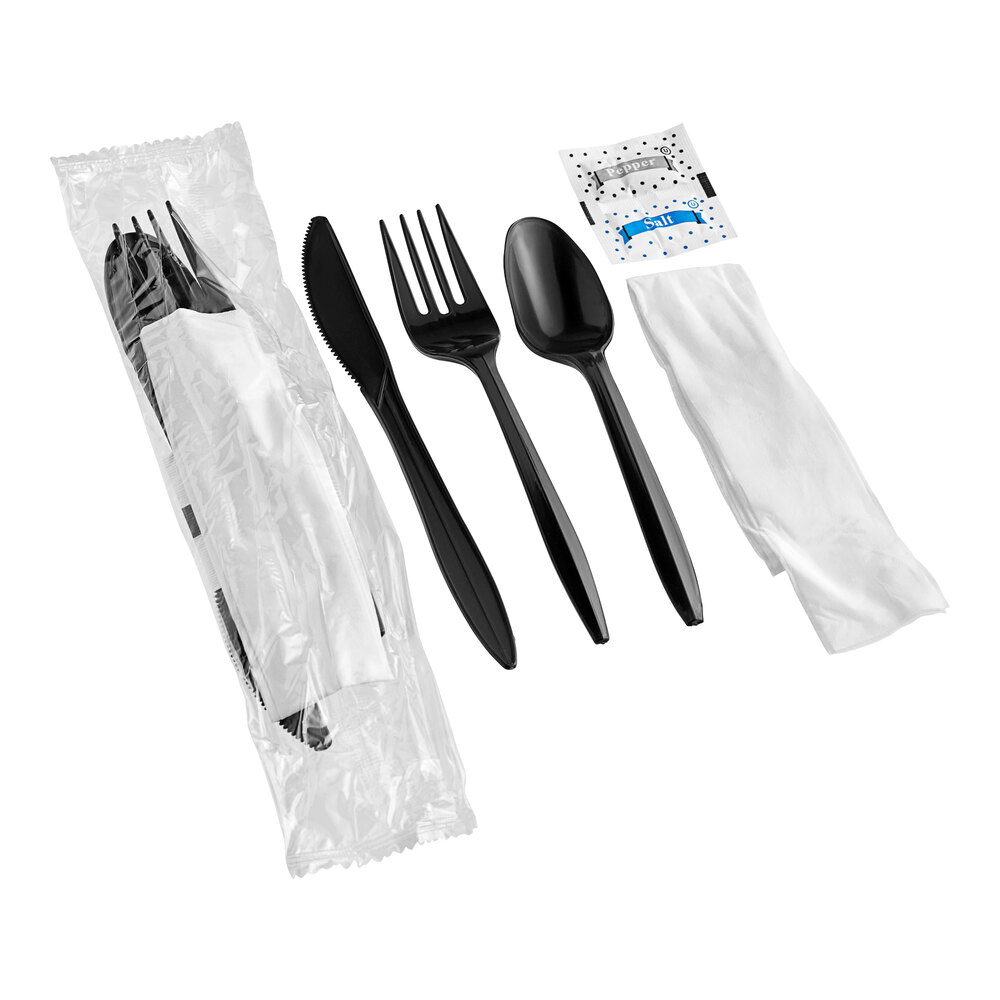 Choice Medium Weight Black Wrapped Polypropylene Plastic Cutlery Set with Napkin and Salt and Pepper Packets - 250/Case