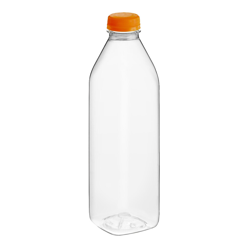 32 oz. Tall Square Milkman PET Clear Juice Bottle with Orange Lid - 104/Case
