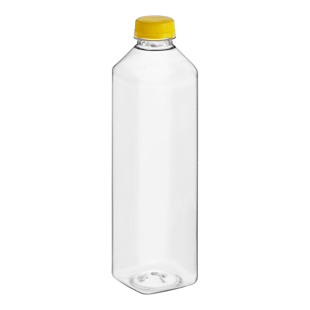 32 oz. Tall Square PET Clear Juice Bottle with Yellow Lid - 104/Case