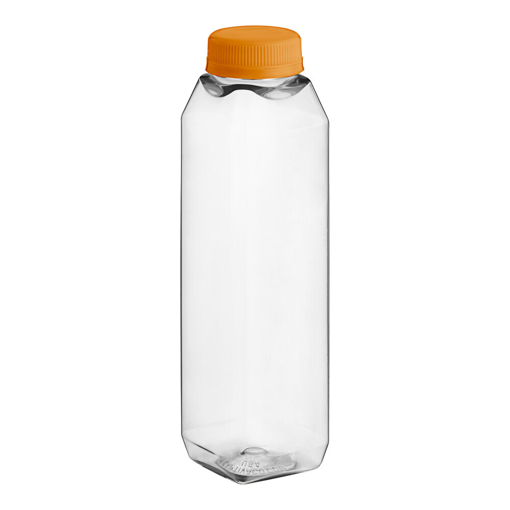 12 oz. Tall Square rPET Clear Juice Bottle with Orange Lid - 228/Case