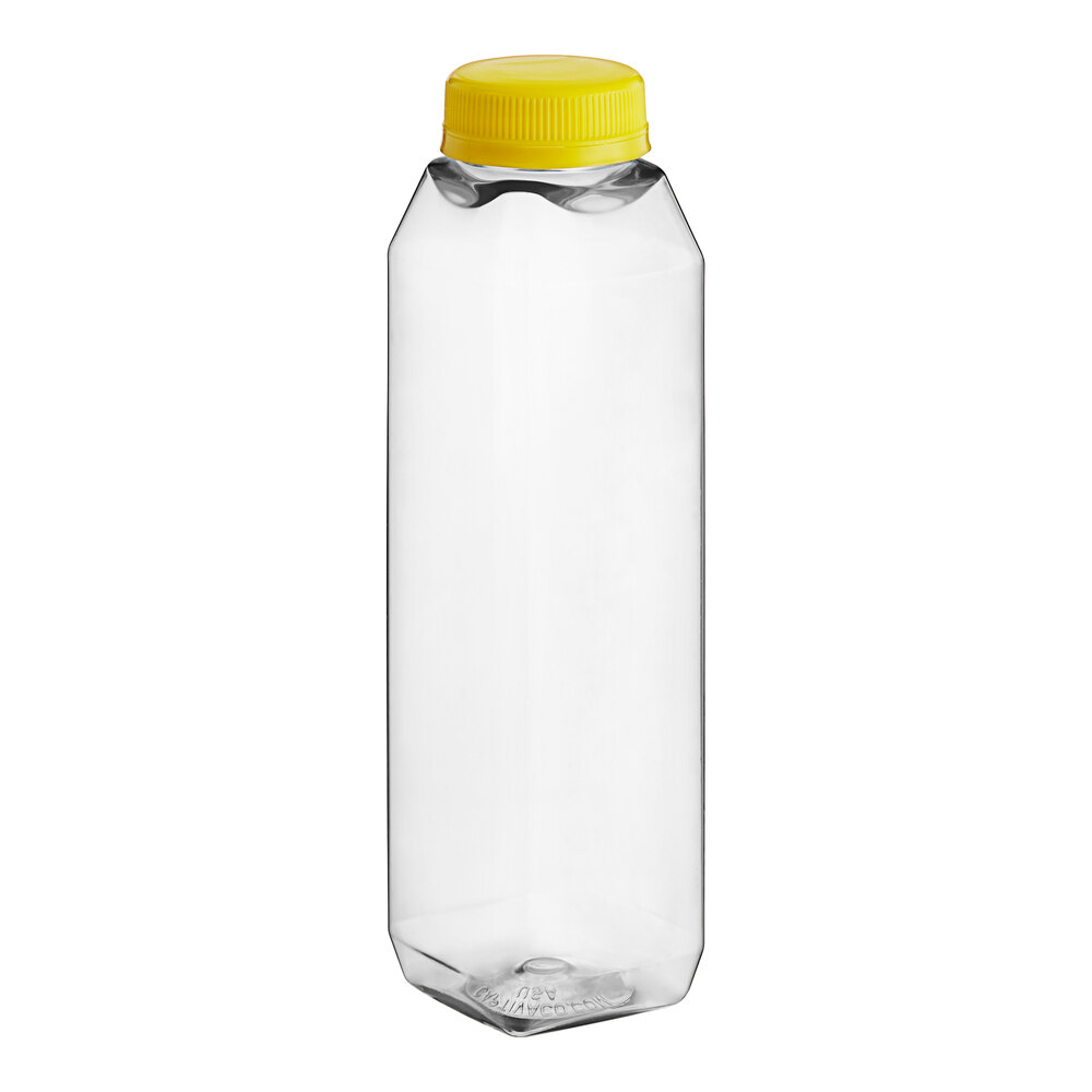 12 oz. Tall Square rPET Clear Juice Bottle with Yellow Lid - 228/Case