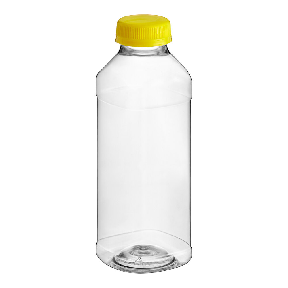 14.5 oz. Square PET Clear Juice Bottle with Yellow Lid - 160/Case