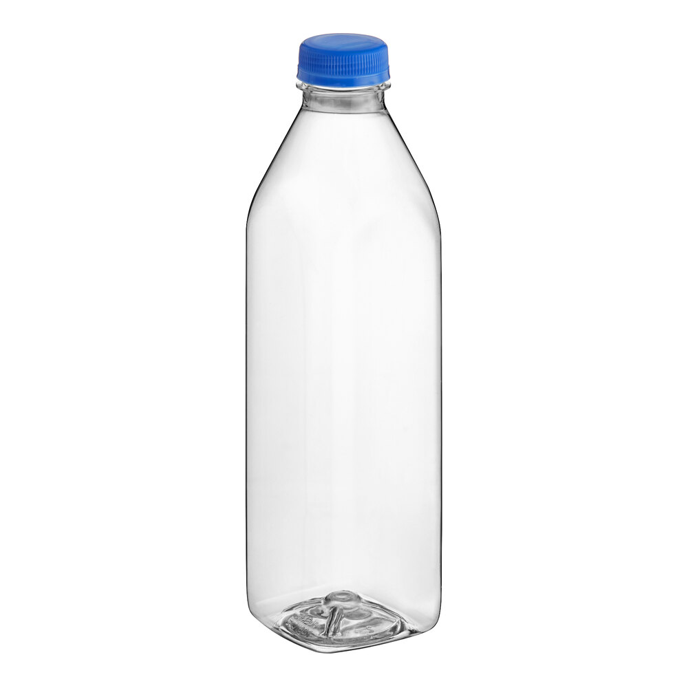 32 oz. Tall Square Milkman PET Clear Juice Bottle with Blue Lid - 104/Case