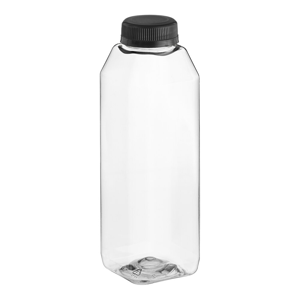 16 oz. Tall Square rPET Clear Juice Bottle with Black Lid - 160/Case