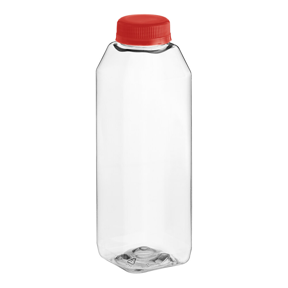 16 oz. Tall Square rPET Clear Juice Bottle with Red Lid - 160/Case