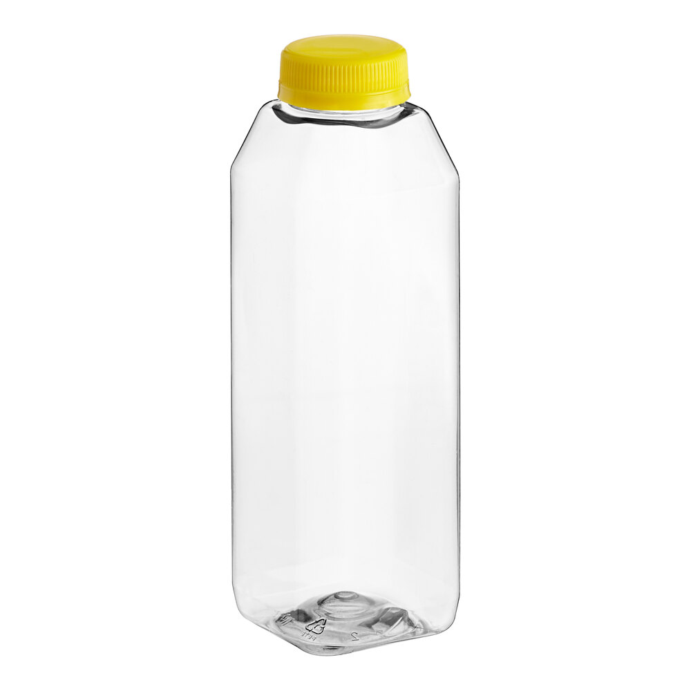 16 oz. Tall Square rPET Clear Juice Bottle with Yellow Lid - 160/Case