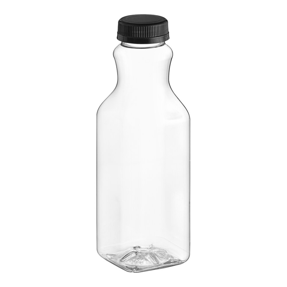 16 oz. Square PET Clear Carafe Juice Bottle with Black Lid - 160/Case