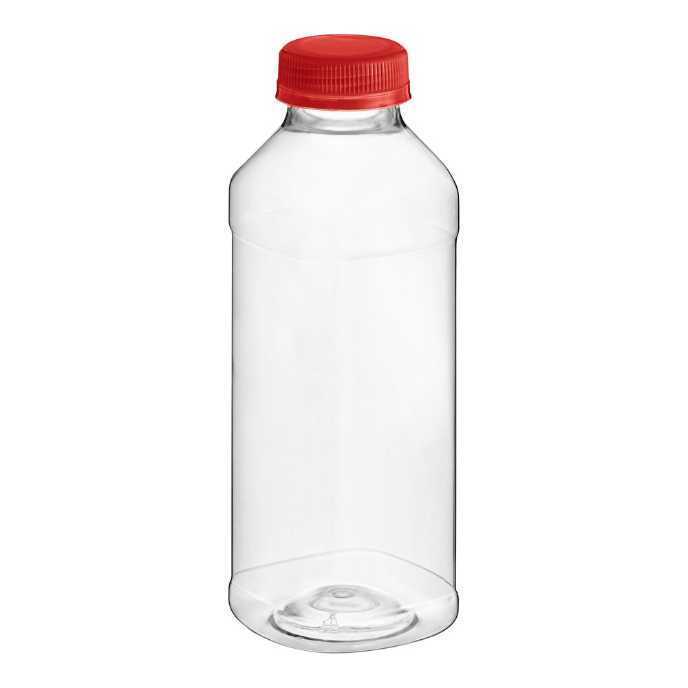 14.5 oz. Square PET Clear Juice Bottle with Red Lid - 160/Case