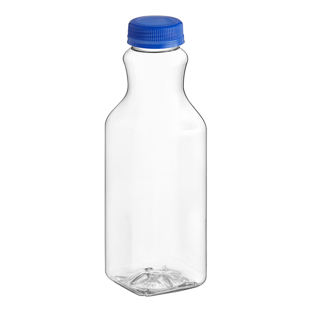 16 oz. Square PET Clear Carafe Juice Bottle with Blue Lid - 160/Case