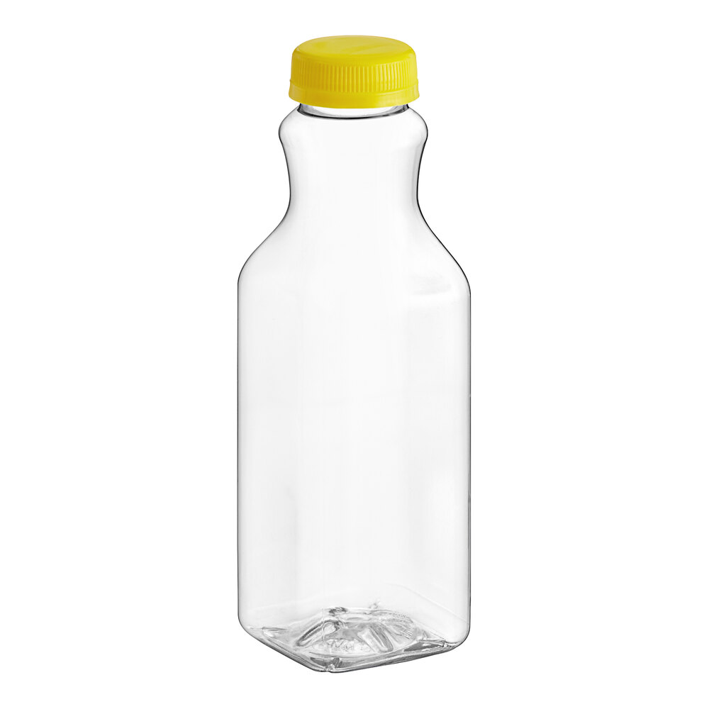 16 oz. Square PET Clear Carafe Juice Bottle with Yellow Lid - 160/Case