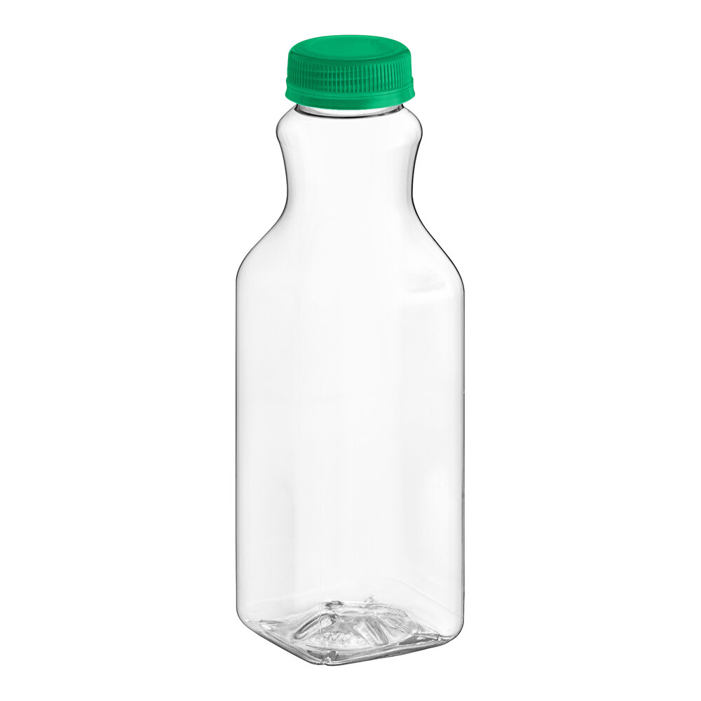 16 oz. Square PET Clear Carafe Juice Bottle with Green Lid - 160/Case