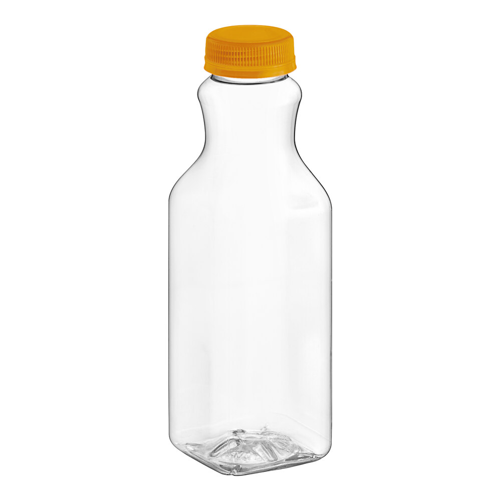 16 oz. Square PET Clear Carafe Juice Bottle with Orange Lid - 160/Case