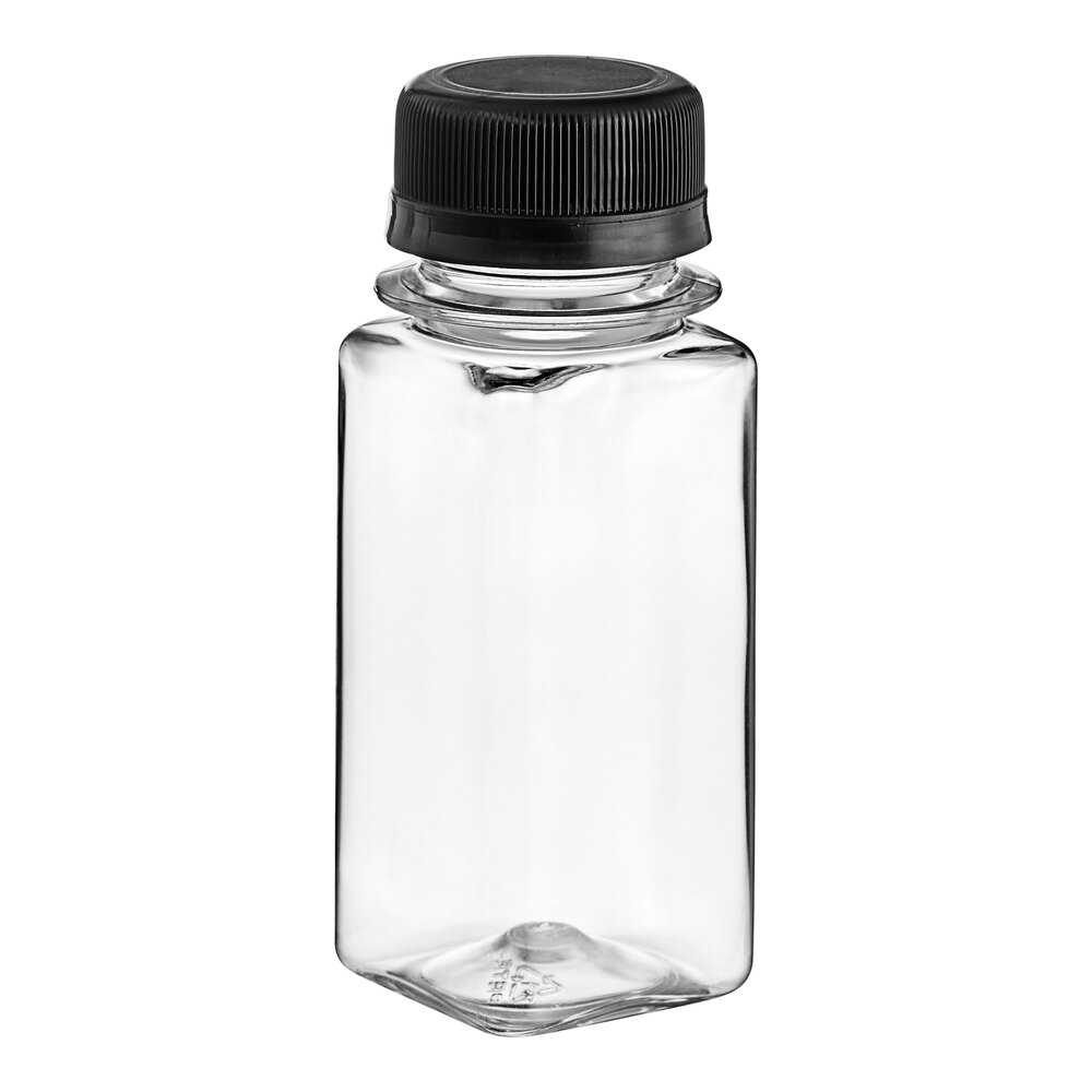 2 oz. Square PET Clear Energy Shot Bottle with Black Lid - 650/Case