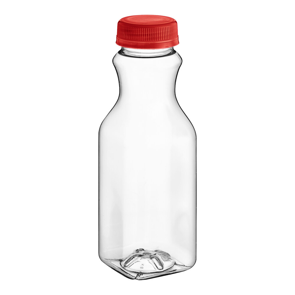 10 oz. Square PET Clear Carafe Juice Bottle with Red Lid - 270/Case