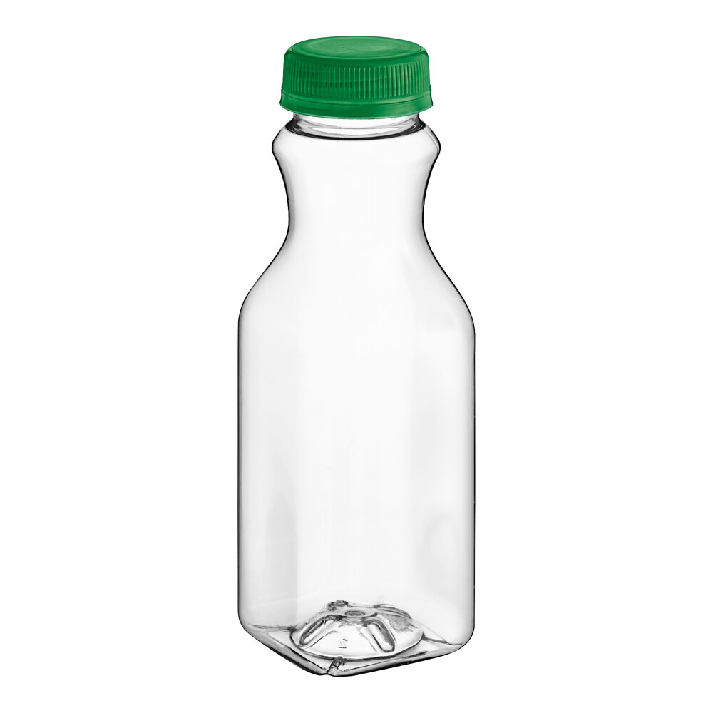 10 oz. Square PET Clear Carafe Juice Bottle with Green Lid - 270/Case
