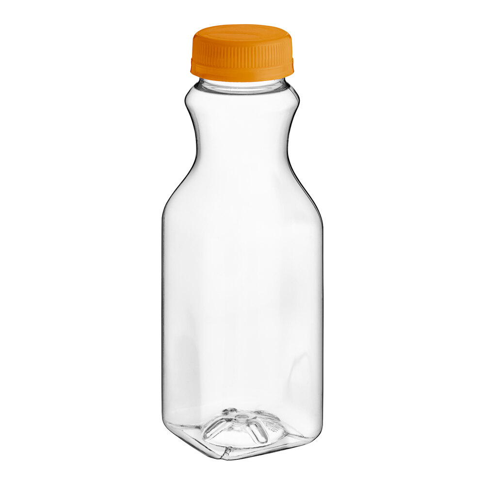 10 oz. Square PET Clear Carafe Juice Bottle with Orange Lid - 270/Case