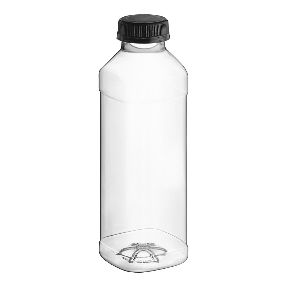 16 oz. Square PET Clear Juice Bottle with Recessed Label Panel and Black Lid - 160/Case