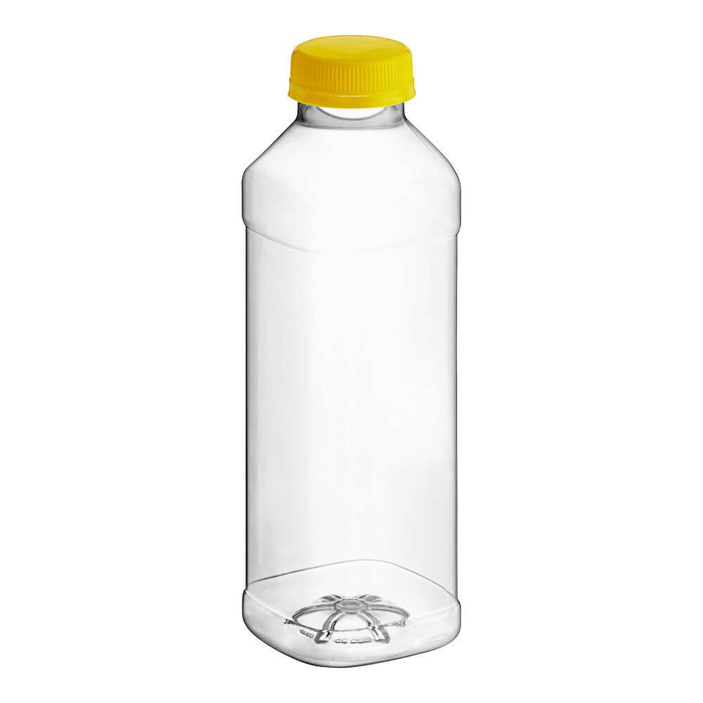 16 oz. Square PET Clear Juice Bottle with Recessed Label Panel and Yellow Lid - 160/Case