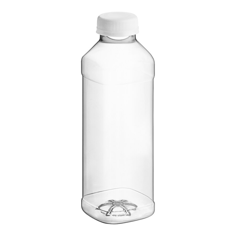 16 oz. Square PET Clear Juice Bottle with Recessed Label Panel and White Lid - 160/Case