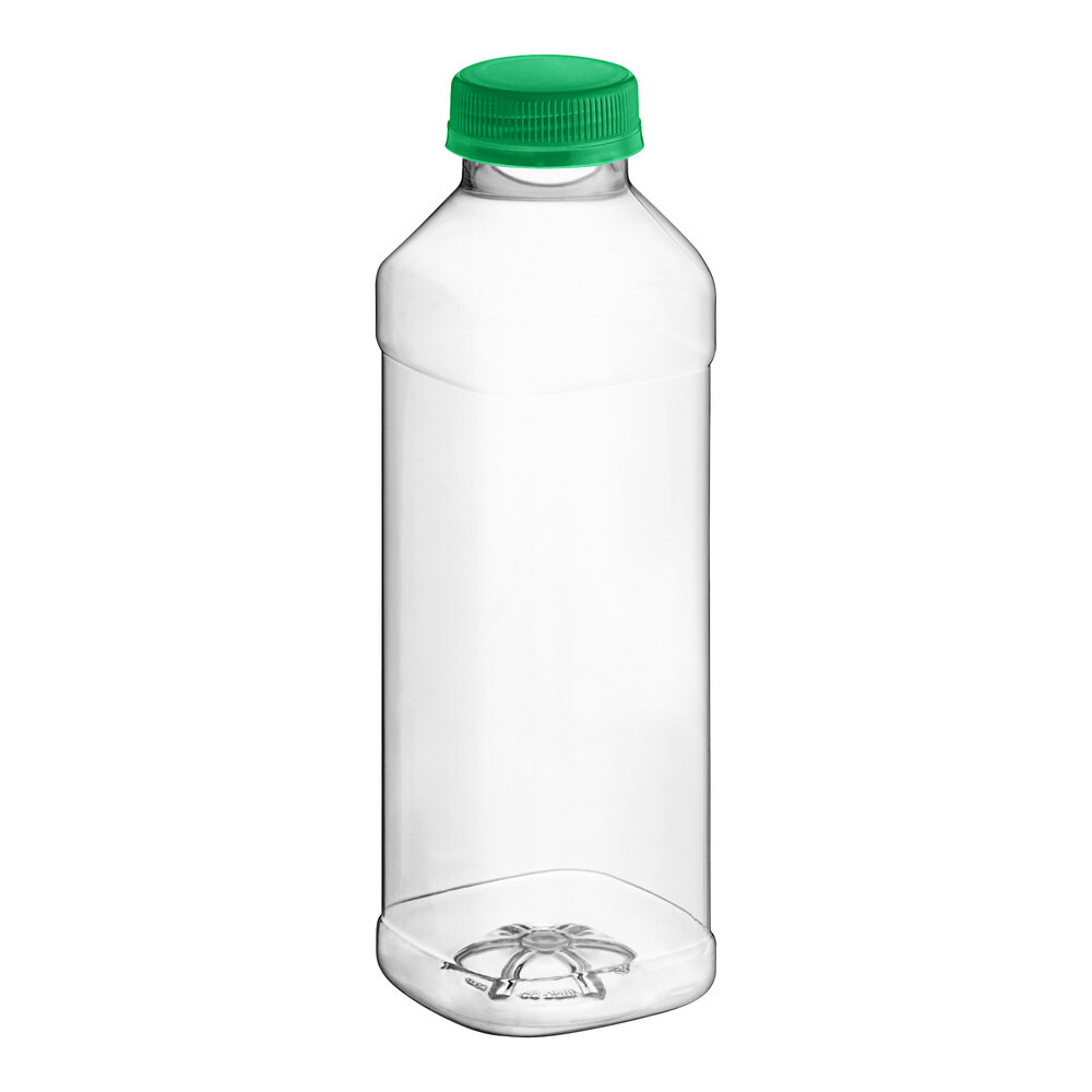 16 oz. Square PET Clear Juice Bottle with Recessed Label Panel and Green Lid - 160/Case