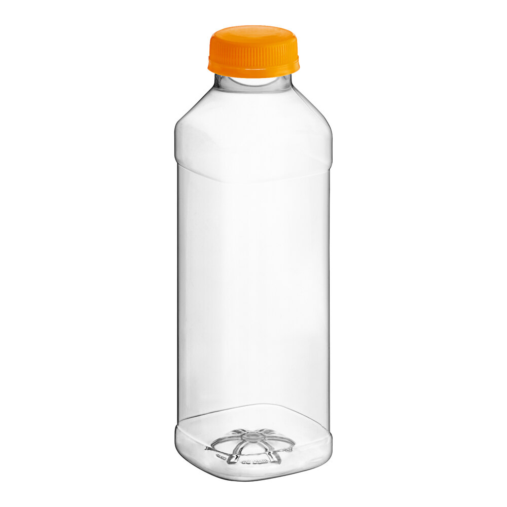 16 oz. Square PET Clear Juice Bottle with Recessed Label Panel and Orange Lid - 160/Case
