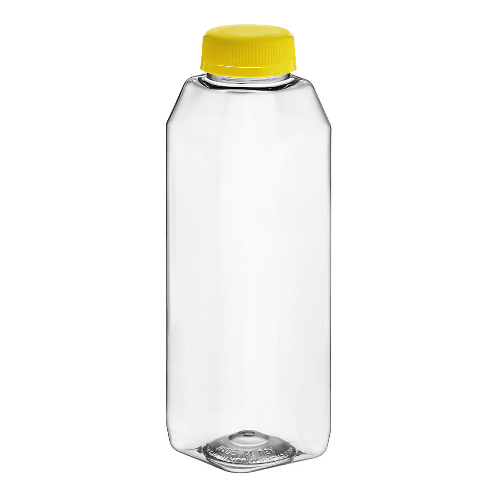16 oz. Tall Square PET Clear Juice Bottle with Yellow Lid - 160/Case