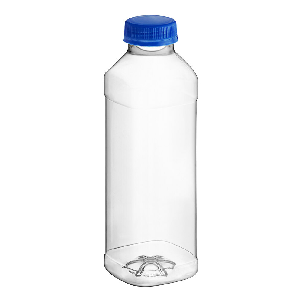 16 oz. Square PET Clear Juice Bottle with Recessed Label Panel and Blue Lid - 160/Case