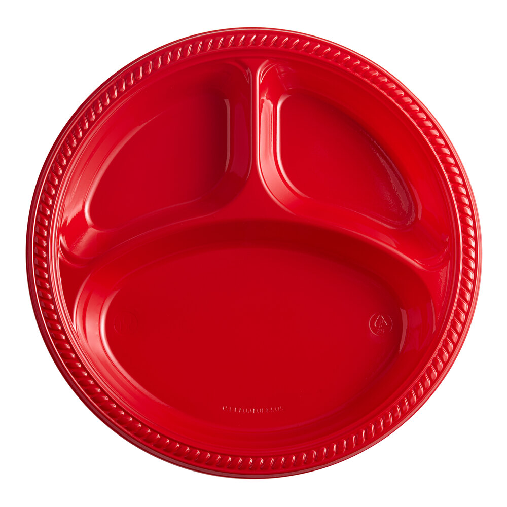 Choice 10 1/4" 3-Compartment Red Plastic Plate - 500/Case