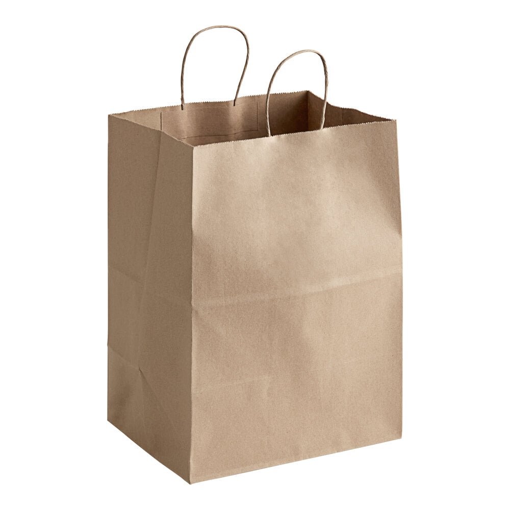 Duro 12" x 9" x 15 3/4" Regal Natural Kraft Paper Shopping Bag with Handles - 200/Bundle