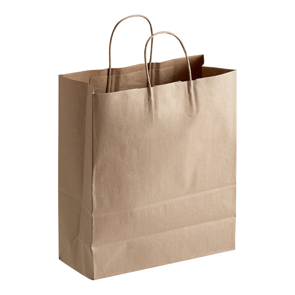 Duro 13" x 6" x 15 3/4" Traveler Natural Kraft Shopping Bag with Handles - 250/Bundle