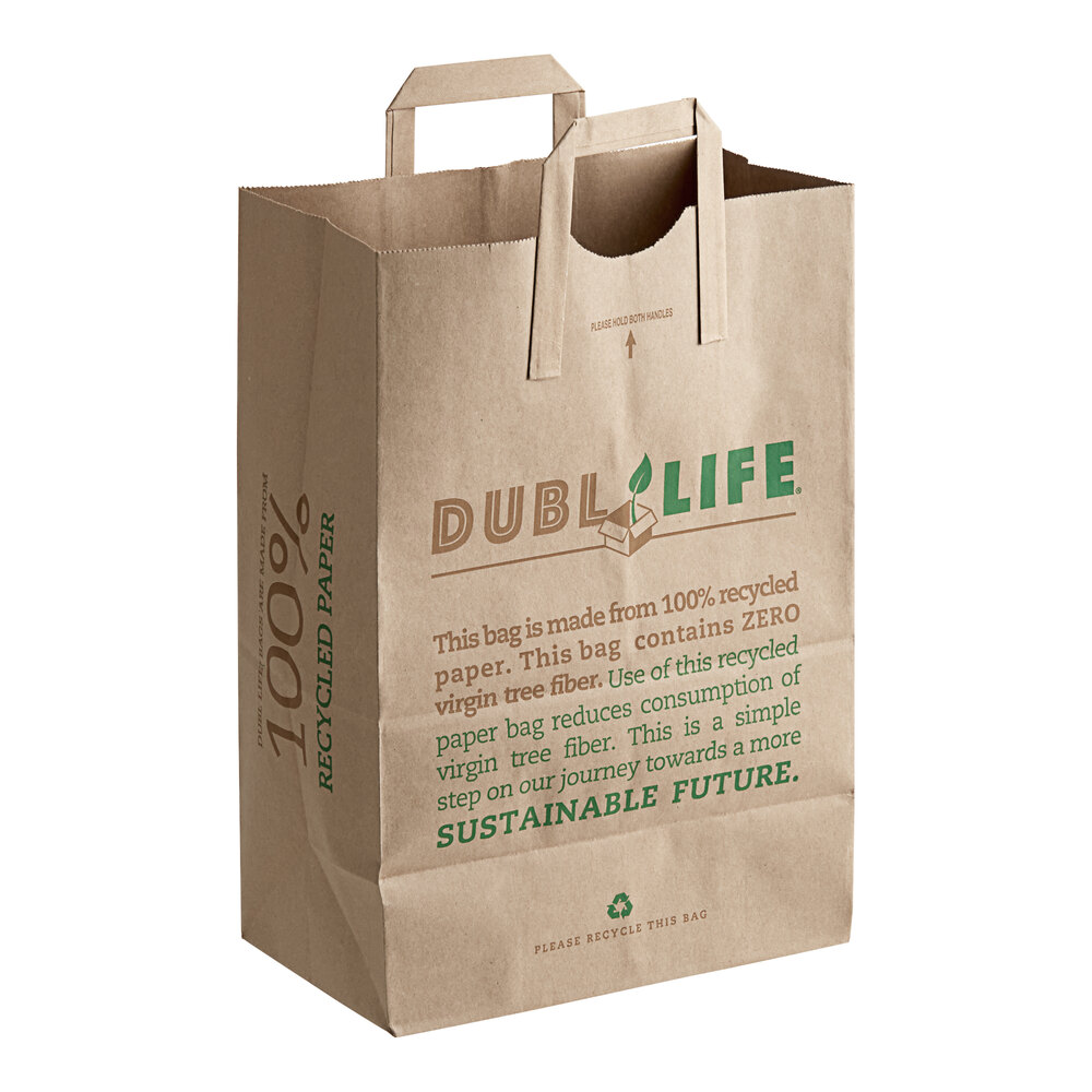 Duro 1/6 Natural Kraft Printed Shopping Bag with Flat Handles - 300/Bundle