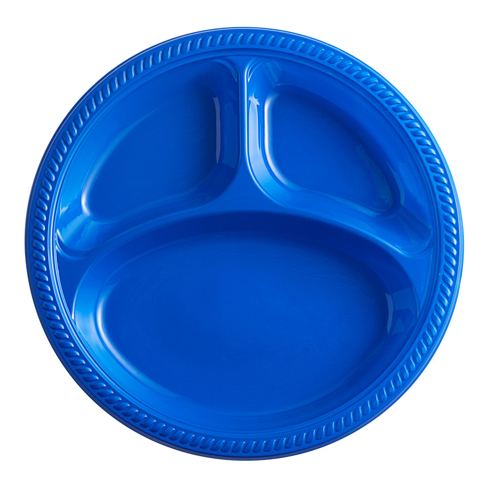 Choice 10 1/4" 3-Compartment Blue Plastic Plate - 125/Pack