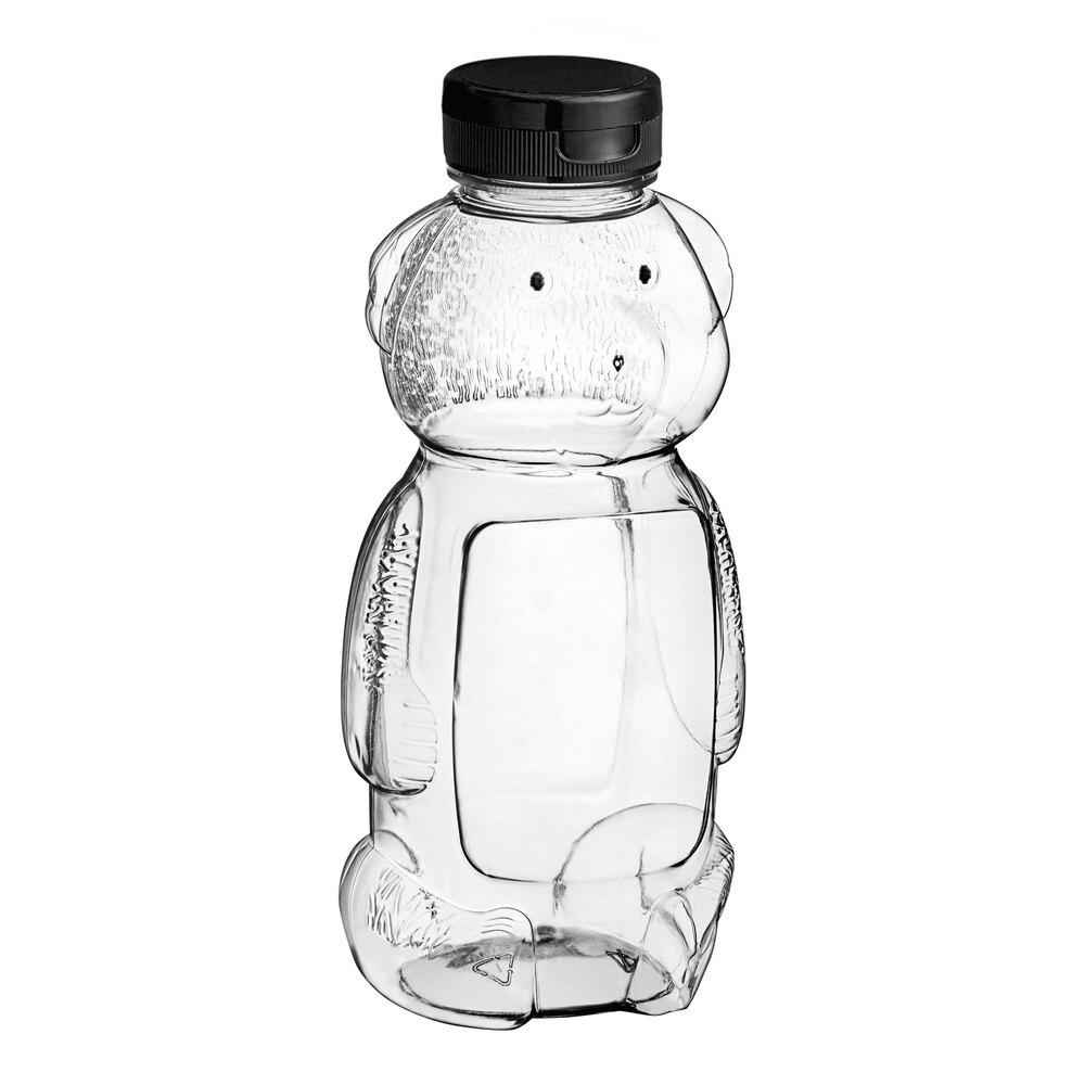 16 oz. (24 oz. Honey Weight) Bear PET Honey Bottle with Pressure Sensitive Liner Black Plastic Flip Top Lid - 185/Case