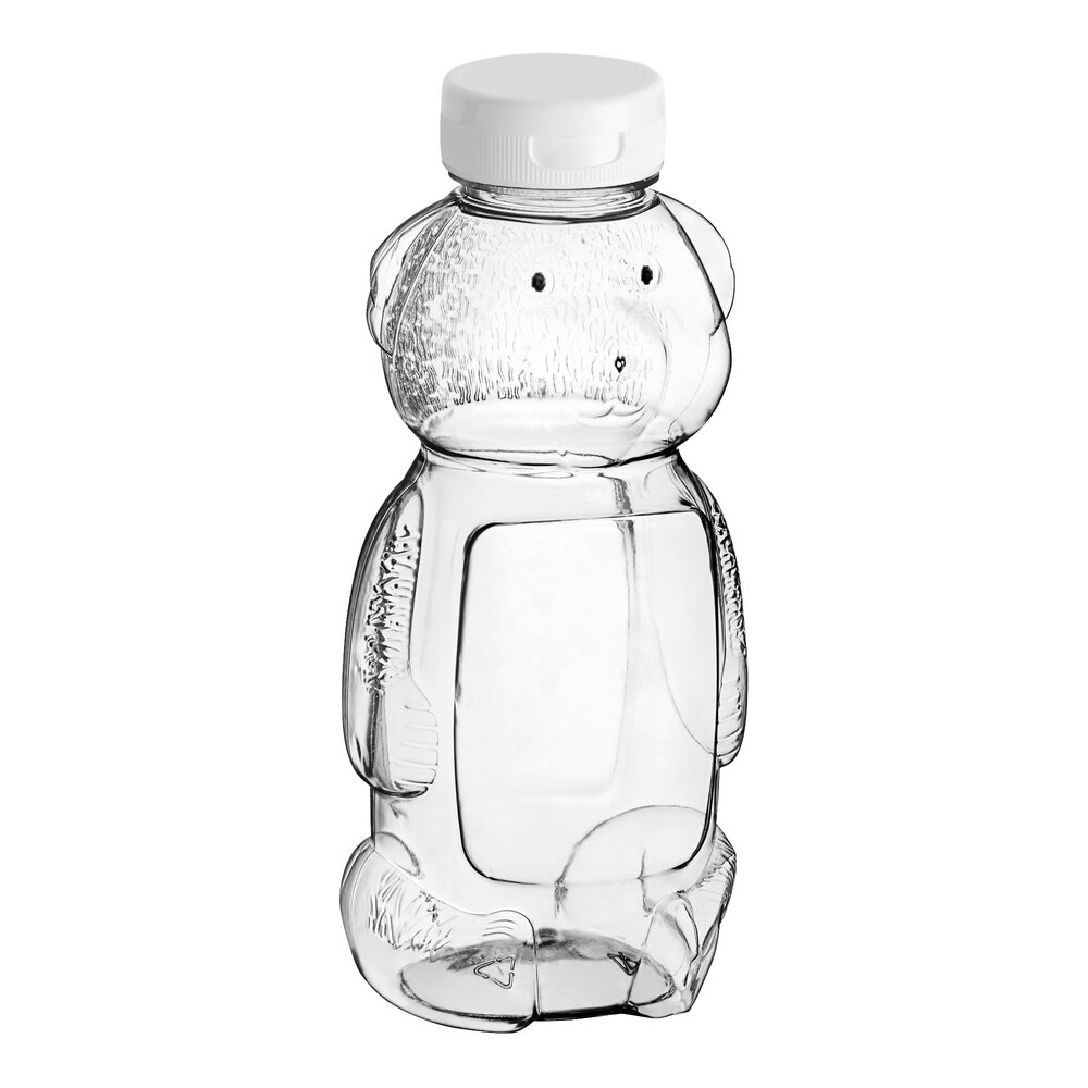 16 oz. (24 oz. Honey Weight) Bear PET Honey Bottle with Pressure Sensitive Liner White Plastic Flip Top Lid - 185/Case