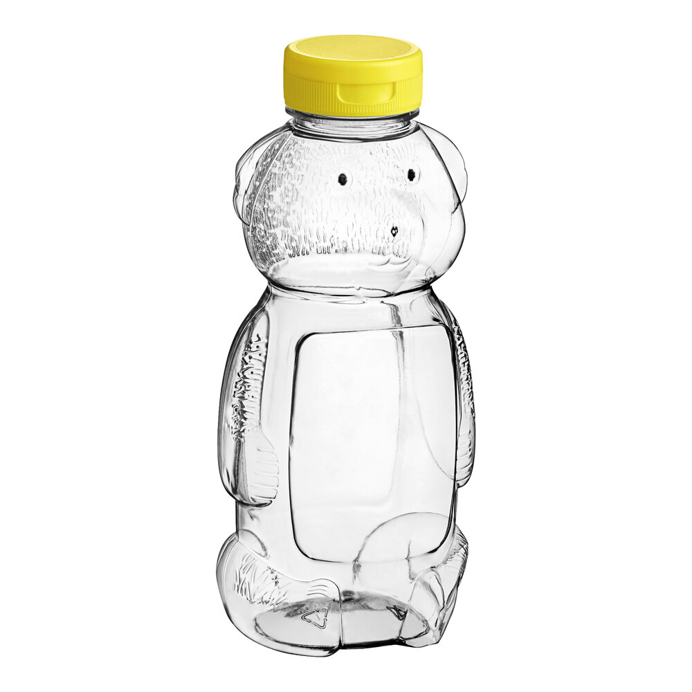 16 oz. (24 oz. Honey Weight) Bear PET Honey Bottle with Pressure Sensitive Liner Yellow Plastic Flip Top Lid - 185/Case