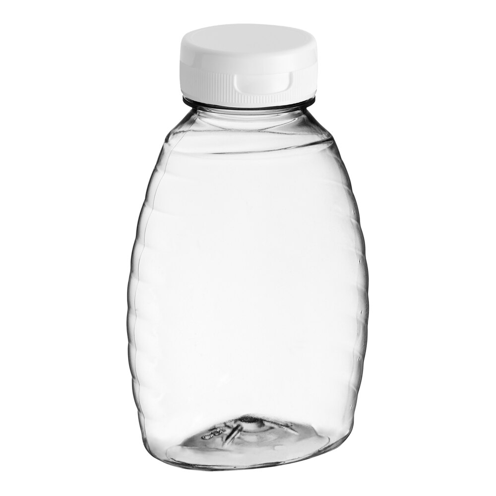 8 oz. (12 oz. Honey Weight) Classic Queenline PET Honey Bottle with Pressure Sensitive Liner White Plastic Flip Top Lid - 385/Case