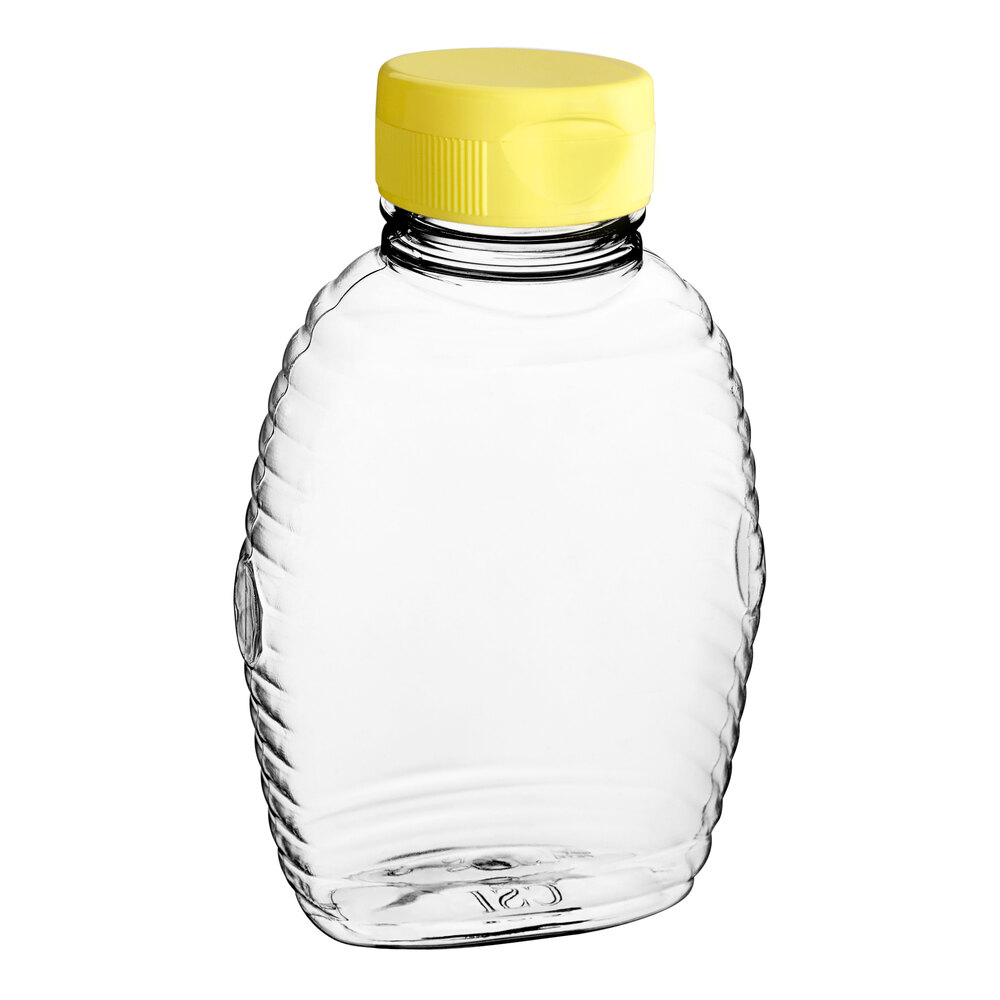 8 oz. (12 oz. Honey Weight) Queenline PET Honey Bottle with Heat Induction Seal Liner Yellow Plastic Flip Top Lid - 385/Case