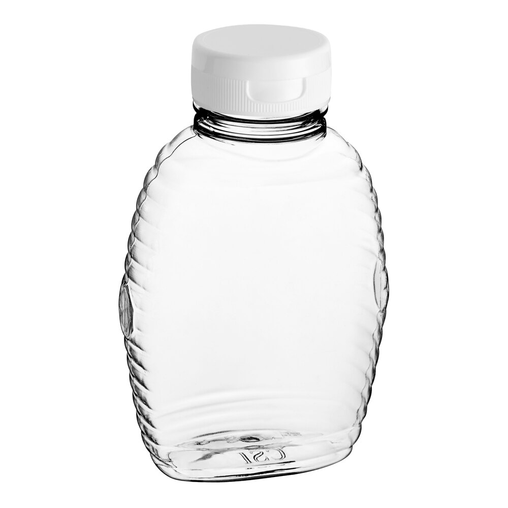 8 oz. (12 oz. Honey Weight) Queenline PET Honey Bottle with Pressure Sensitive Liner White Plastic Flip Top Lid - 385/Case