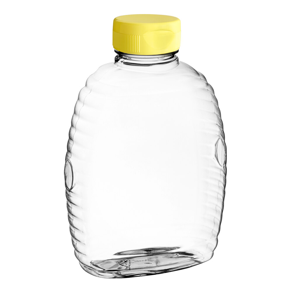16 oz. (24 oz. Honey Weight) Queenline PET Honey Bottle with Heat Induction Seal Liner Yellow Plastic Flip Top Lid - 200/Case